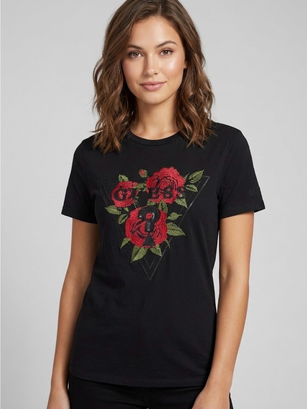 Guess Black T-Shirt with Red Rose Embroidered Triangle Logo - Women's Size M